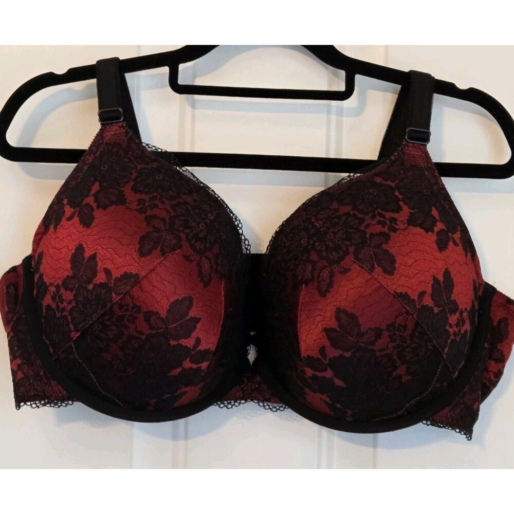 Torrid Curve plunge bra in red with a black lace overlay - Size 44 DDD